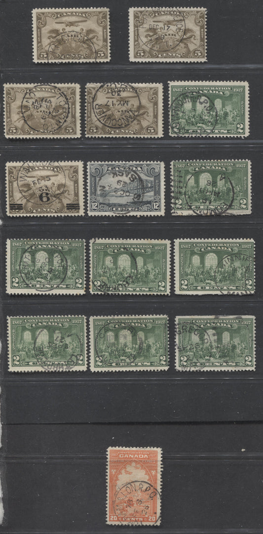 Lot 294 Canada #142, C1, C3, E3, 156 2c, 5c, 6c on 5c, 12c, 20c Green - Orange Red Various Subjects, 1927-1929 Confederation & Scroll Issues, 15 Fine Used Singles, With Full, In-Period Dated CDS Town Cancellations