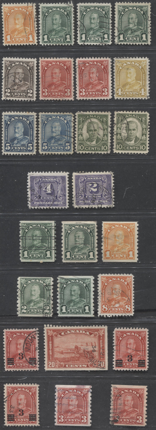 Lot 295 Canada #J7-J8, 162/191a 1c-5c, 8c, 20c, 3c on 2c Orange - Violet King George V, Numerals & Harvesting Wheat, 1930-1934  Second Postage Due and Arch Issue, 26 Fine & VF Used Singles, Nice Light Cancels
