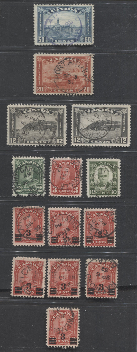 Lot 296 Canada #164, 167, 174-176, 190-191 2c, 3c, 12c, 20c, 50c, 3c on 2c Dull Green - Dull Blue Various Subjects, 1930-1934 Arch Issue  Arch Issue, 14 Fine & VF Used Singles, With Full, In-Period Dated CDS Town Cancellations