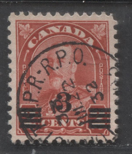 Lot 297 Canada #191 3c on 2c Deep Red King George V, 1930-1934 Arch Issue  Arch Issue, A Superb Used Single, Perfection! July 22, 1932 SON RPO Cancel, The Best One We Found After Looking Over 1,000 Examples