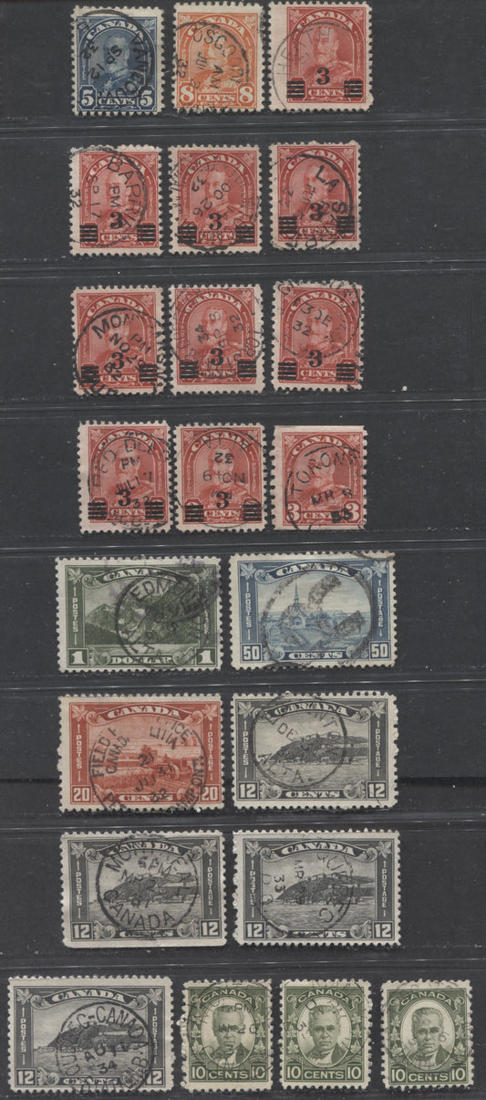 Lot 298 Canada #170, 172, 174, 175-177, 183, 190 3c, 5c, 8c, 10c, 12c, 20c, 50c $1 Deep Red - Olive Green Various Subjects, 1930-1934 Second Postage Due and Arch Issue  Arch Issue, 21 Fine Used Singles, With Full, In-Period Dated CDS Town Cancellations