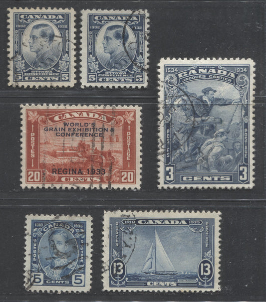Lot 300 Canada #193, 203, 208, 214, 216 3c, 5c, 13c, 20c Steel Blue - Deep Brownish Vermilion Various Subjects, 1932-1935  Commemorative Issues, 6 Fine & VF Used Singles, Nice Light Cancels