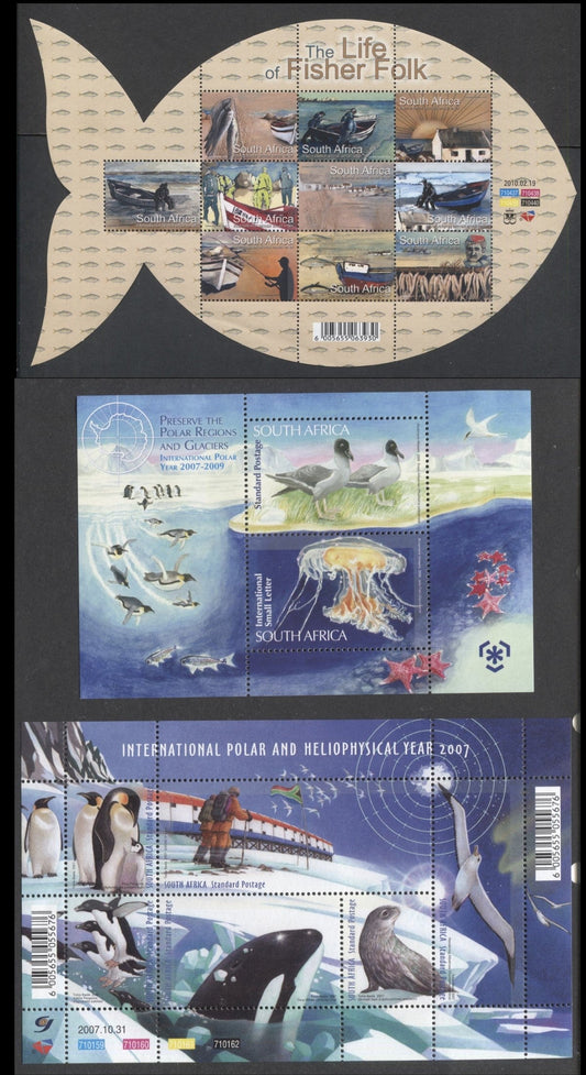 Lot 30 South Africa SC#1374/C99 2007-2010 International Polartheliophysical Year, Polar Year & Life Of Fisherman Issues, 3 VFNH Souvenir Sheets, Click on Listing to See ALL Pictures, 2017 Scott Cat. $18.9