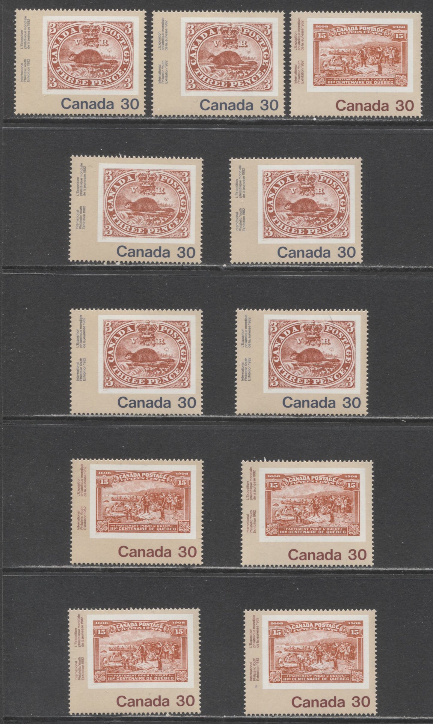 Canada #909-910 30c Multicoloured Threepenny Beaver & Champlain's Departure, 1982 Canada '82 Issue, 11 VFNH Singles , Various DF/DF, DF/NF, DF/DF-fl and DF/LF-fl Papers