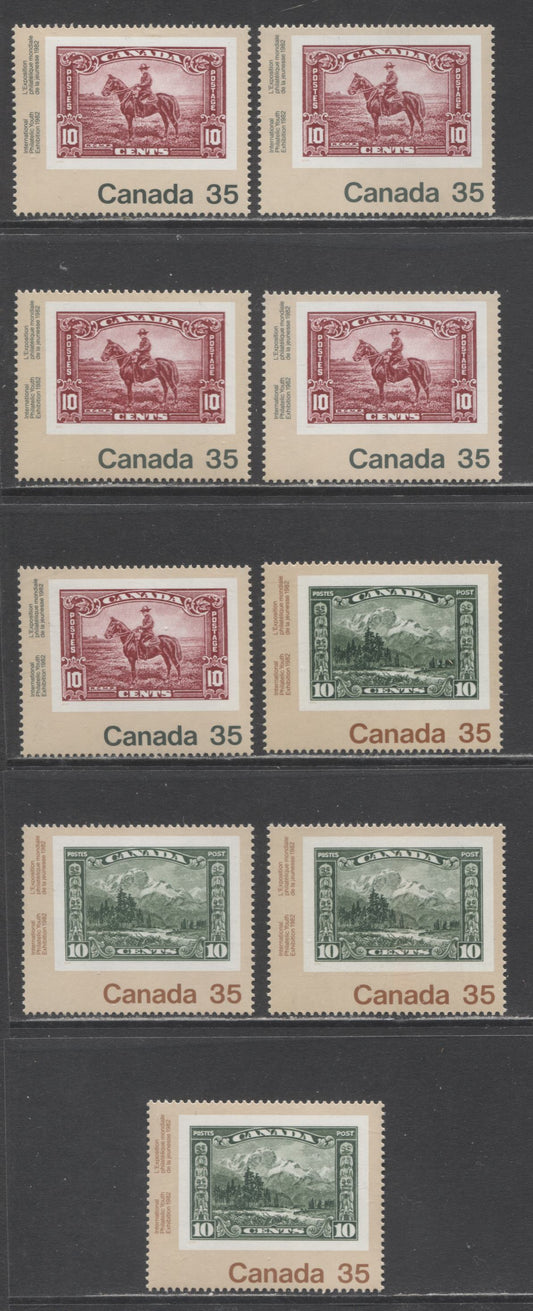 Lot 304 Canada #911-912 35c Multicoloured Mountie & Mt. Hurd, 1982 Canada '82 Issue, 9 VFNH Singles, Various DF/DF, DF/NF, DF/LF and LF/LF Papers