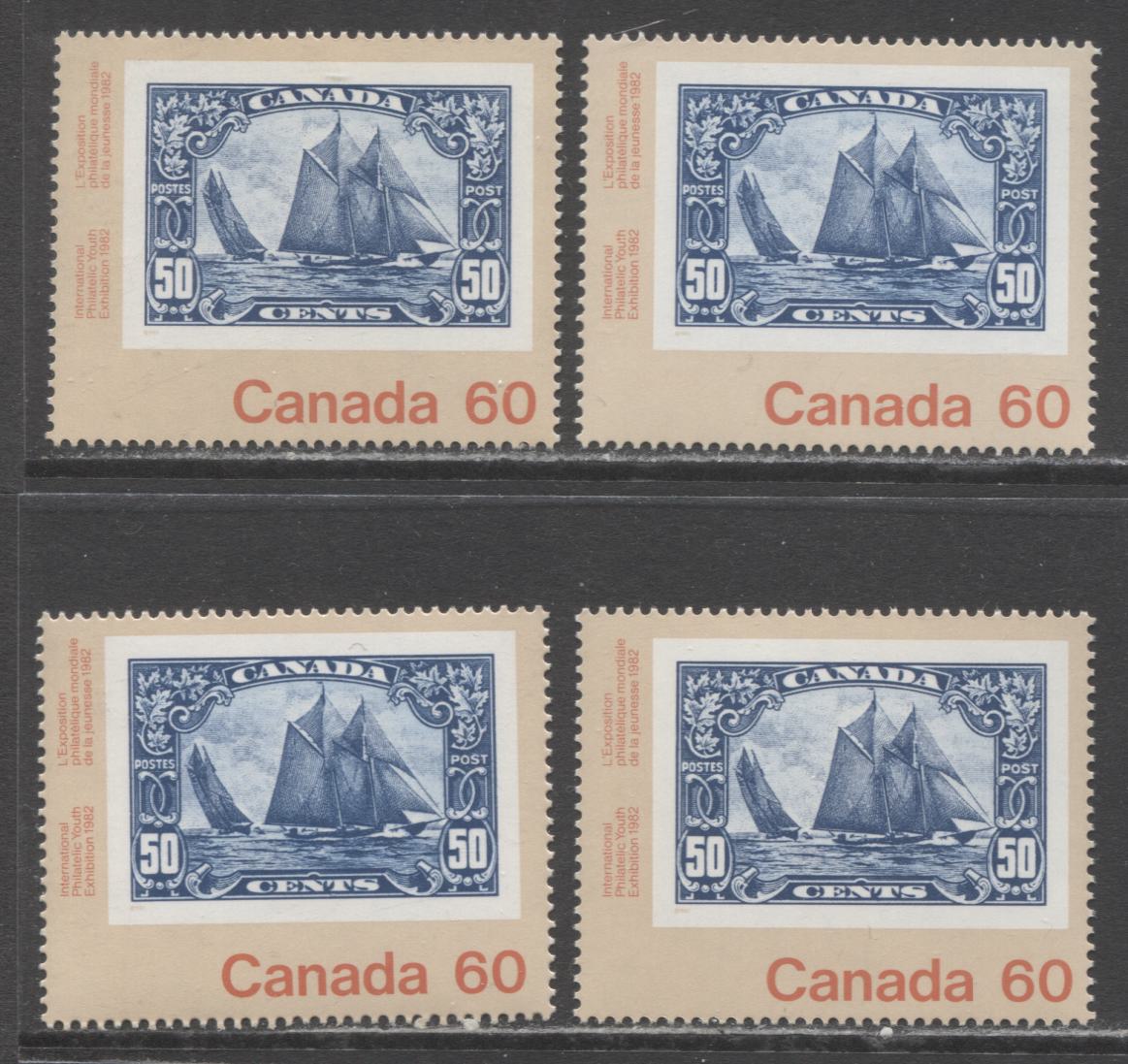 Canada #913 60c Multicoloured Bluenose, 1982 Canada '82 Issue, 4 VFNH Singles, Various DF/DF and LF/LF Papers