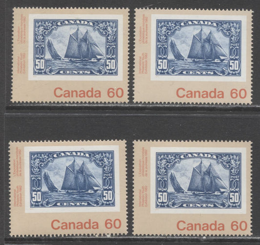 Canada #913 60c Multicoloured Bluenose, 1982 Canada '82 Issue, 4 VFNH Singles, Various DF/DF and LF/LF Papers