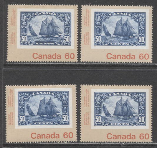 Lot 306 Canada #913 60c Multicoloured Bluenose, 1982 Canada '82 Issue, 4 VFNH Singles, Various DF/DF and LF/LF Papers