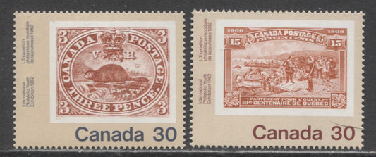 Canada #909-910var 30c Multicoloured Threepenny Beaver & Champlain's Departure, 1982 Canada '82 Issue, 2 VFNH Singles, On Scarcer DF/NF-fl and DF1/NF Papers