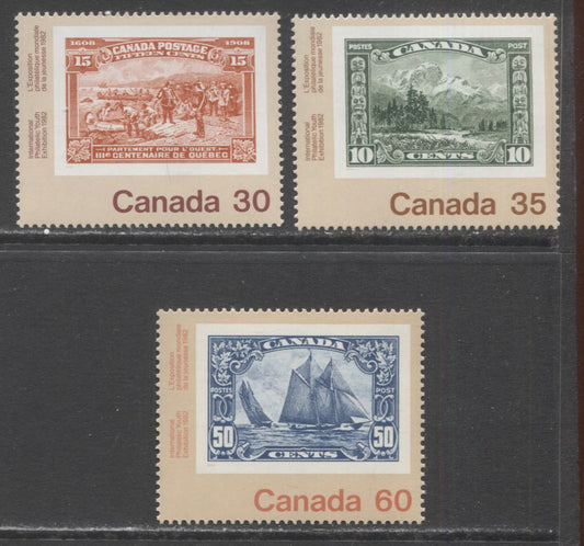 Lot 309 Canada #910, 912-913 30c, 35c, 60c Multicoloured Champlain's Departure, Mountie, Bluenose, 1982 Canada '82 Issue, 3 VFNH Singles, DF/DF-fl and DF/NF-fl Papers, Not Included in Lot 308