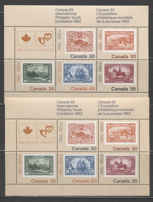 Lot 310 Canada #913a 30c-60c Multicoloured Threepenny Beaver - Bluenose, 1982 Canada '82 Issue, 2 VFNH Souvenir Sheets, On Two Variations of LF Paper