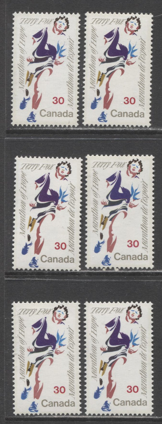 Lot 312 Canada #915-915i 30c Multicoloured Terry Fox, 1982 Terry Fox Issue, 6 VFNH Singles, NF/NF, DF/LF, LF/LF, LF/F & DF/DF Papers, Purple & Violet Shades on Shirt