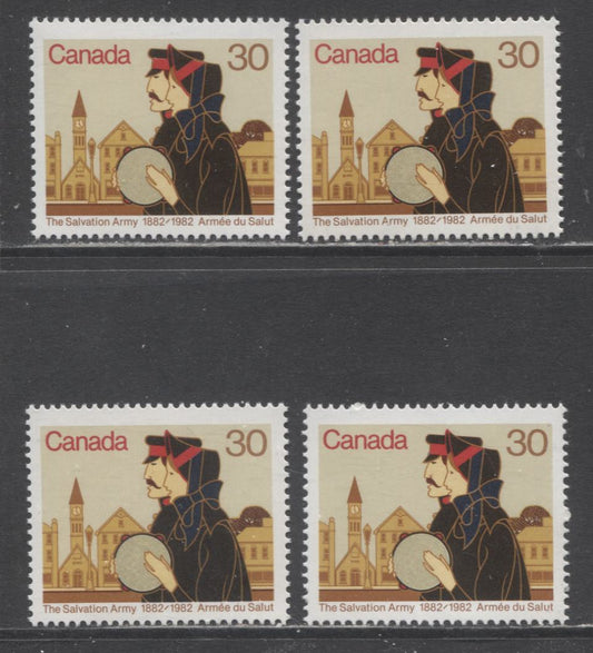 Lot 317 Canada #954 30c Multicoloured Volunteers, 1982 Salvation Army Centenary, 4 VFNH Singles, LF/F, DF/DF & LF/LF Papers