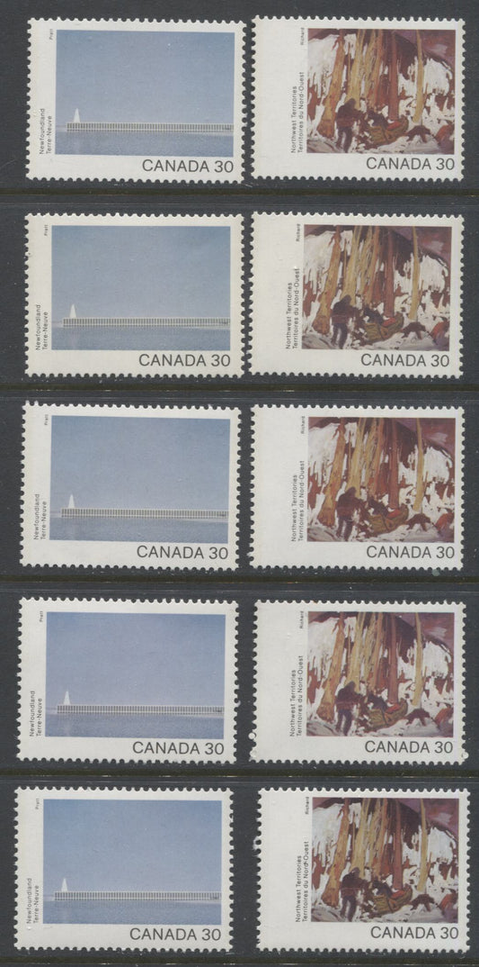 Lot 325 Canada #957-958 30c Multicoloured Newfoundland & Northwest Territories, 1982 Canada Day Issue, 10 VFNH Singles, On DF2/DF2, LF3/LF3-fl, DF1/DF1, NF/NF and DF1/NF-fl Papers