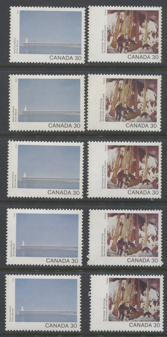 Canada #957-958 30c Multicoloured Newfoundland & Northwest Territories, 1982 Canada Day Issue, 10 VFNH Singles, On DF2/DF2, LF3/LF3-fl, DF1/DF1, NF/NF and DF1/NF-fl Papers