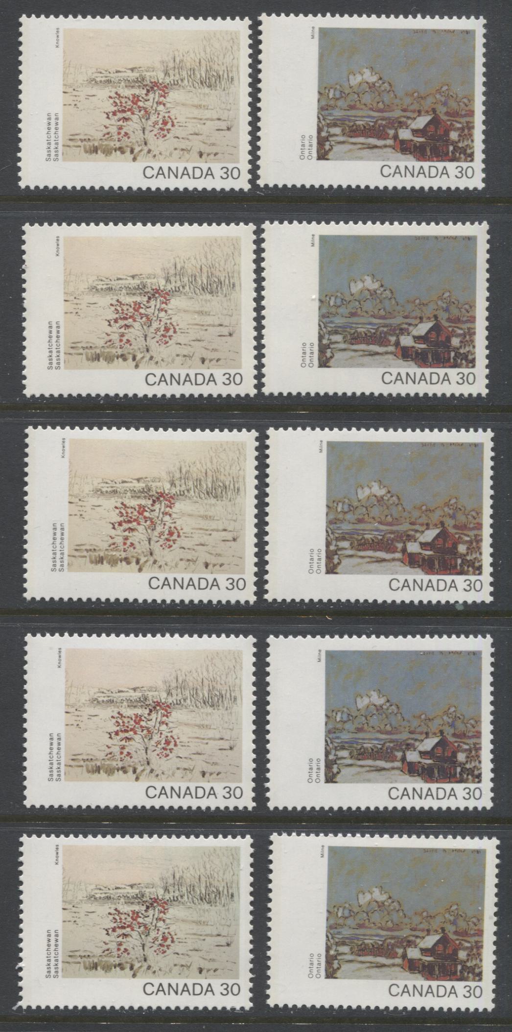 Canada #961-962 30c Multicoloured Saskatchewan & Ontario, 1982 Canada Day Issue, 10 VFNH Singles, On DF2/DF2, LF3/LF3-fl, DF1/DF1, NF/NF and DF1/NF-fl Papers