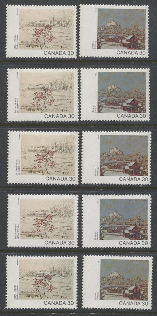 Lot 327 Canada #961-962 30c Multicoloured Saskatchewan & Ontario, 1982 Canada Day Issue, 10 VFNH Singles, On DF2/DF2, LF3/LF3-fl, DF1/DF1, NF/NF and DF1/NF-fl Papers