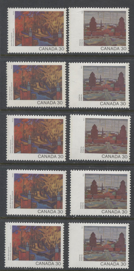 Lot 328 Canada #963-964 30c Multicoloured New Brunswick & Alberta, 1982 Canada Day Issue, 10 VFNH Singles, On DF2/DF2, LF3/LF3-fl, DF1/DF1, NF/NF and DF1/NF-fl Papers
