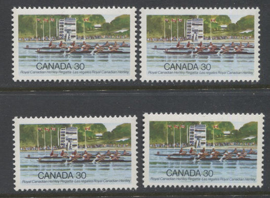 Lot 334 Canada #968, ii 30c Multicoloured Rowing Competition, 1982 Henley Regatta Issue, 4 VFNH Singles, DF/DF, LF4/LF4, LF3/LF3 and LF4/F5 Papers
