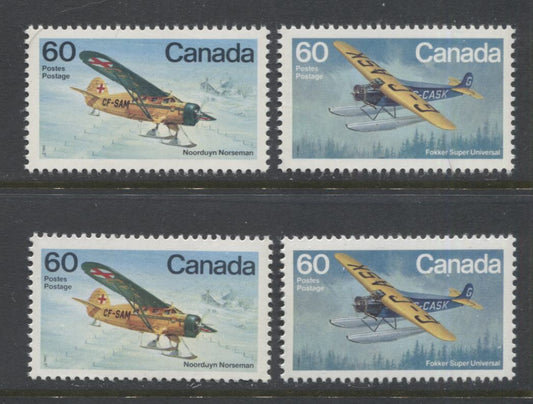 Lot 347 Canada #971-I, 972-i 60c Multicoloured Fokker Super Universal & Noorduyn Norseman, 1982 Bush Aircraft Issue, 4 VFNH Singles, DF/DF-fl and LF/F Papers