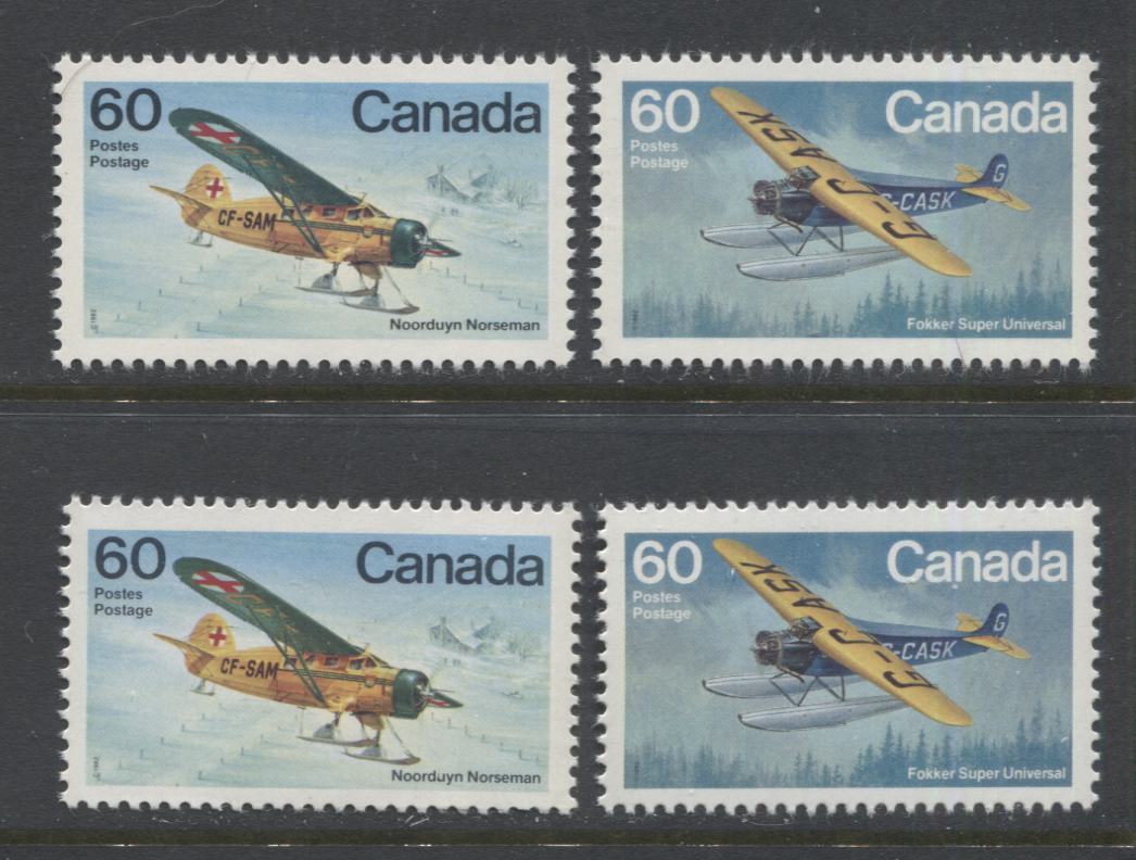 Canada #971-I, 972-i 60c Multicoloured Fokker Super Universal & Noorduyn Norseman, 1982 Bush Aircraft Issue, 4 VFNH Singles, DF/DF-fl and LF/F Papers