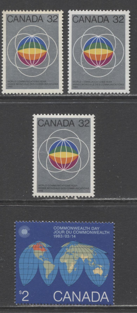 Lot 351 Canada #976-977 32c & $2 Multicoloured Globe & Map of The Earth, 1983 Commonwealth Day & World Communications Year Issues, 5 VFNH Singles, DF/DF, NF/NF and DF/LF Papers