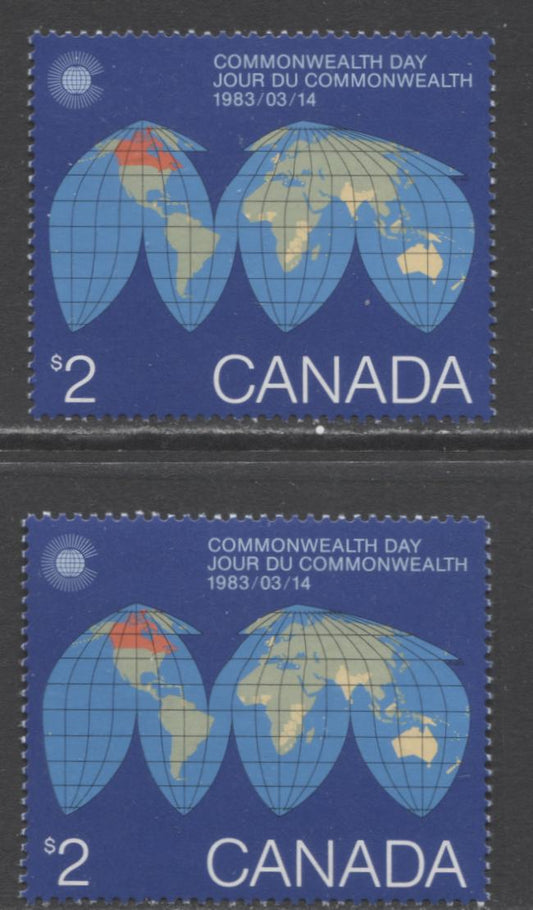 Lot 352 Canada #977 2 Multicoloured Map Of The Earth, 1983 Commonwealth Day, 2 VFNH Singles, DF/NF-fl and DF/DF-fl Papers