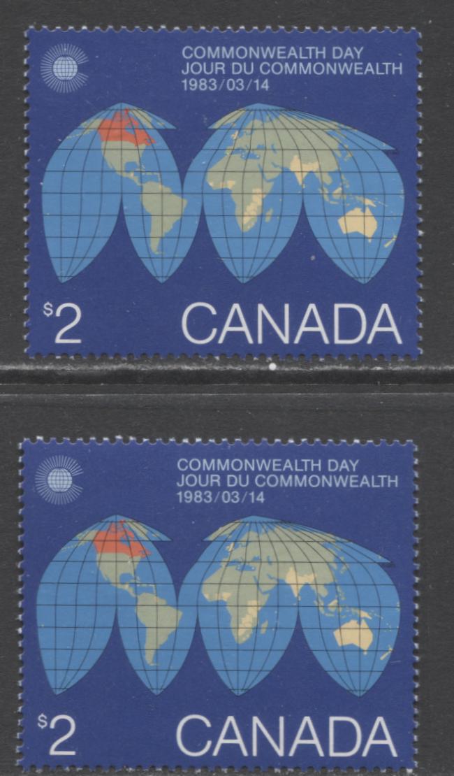 Canada #977 2 Multicoloured Map Of The Earth, 1983 Commonwealth Day, 2 VFNH Singles, DF/NF-fl and DF/DF-fl Papers