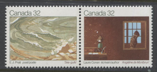 Lot 360 Canada #979ai 32c Multicoloured Laurie Conan & E.J. Pratt , 1983 Authors Issue, A VFNH Horizontal Se-Tenant Pair, On LF3/LF4 Paper, True Bluish Glow Under UV