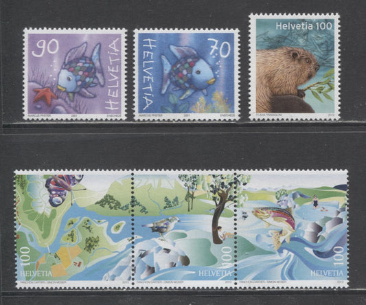 Lot 36 Switzerland SC#1108/1498 2001-2013 Rainbowfish, Beaver & Restoration Of Waterways Issues, 4 VFNH Singles & Strip Of 3, Click on Listing to See ALL Pictures, 2017 Scott Cat. $12.7