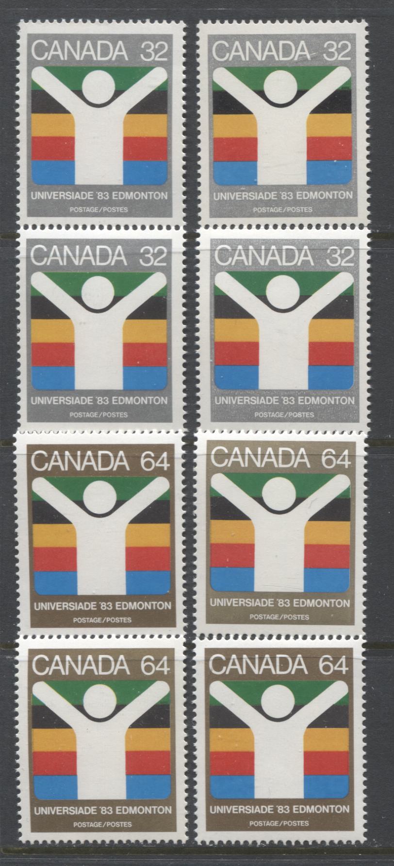 Canada #981-982 32c & 64c Multicoloured Universiade Edmonton Symbol, 1983 World University Games Issue, 8 VFNH Singles, NF/NF, DF/DF, and DF/LF Papers, Pale and Deeper Gold Shades on 64c