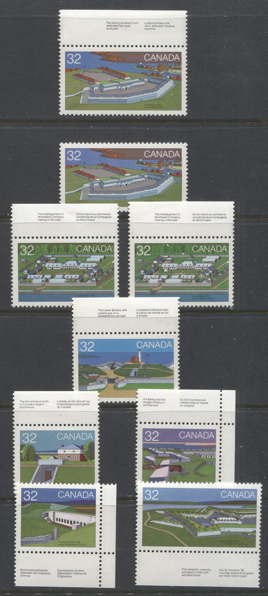 Lot 367 Canada #983-988, 992 32c Multicoloured Fort Henry - Fort Boursejour, 1983 Canadian Forts Issue, 9 VFNH Singles, NF/NF and DF/DF Papers
