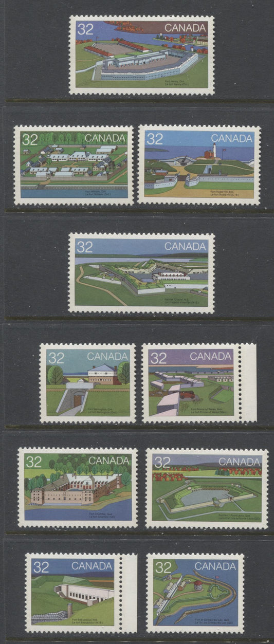 Lot 370 Canada #983-992 32c Multicoloured Fort Henry - Fort Boursejour, 1983 Canadian Forts Issue, 10 VFNH Singles, On NF/F6-fl Paper, Scarce, As Most Are Some Variation of DF/DF-fl or DF/LF3