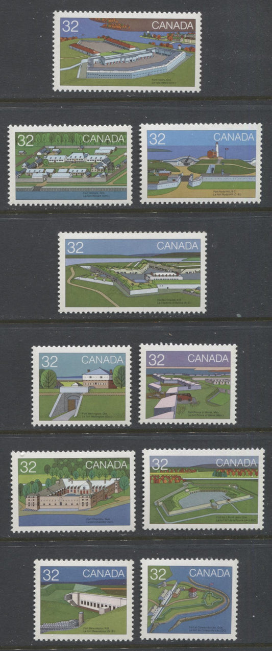 Canada #983-992 32c Multicoloured Fort Henry - Fort Boursejour, 1983 Canadian Forts Issue, 10 VFNH Singles, On LF3/F5-fl Paper, Scarce, As Most Are Some Variation of DF/DF-fl or DF/LF3