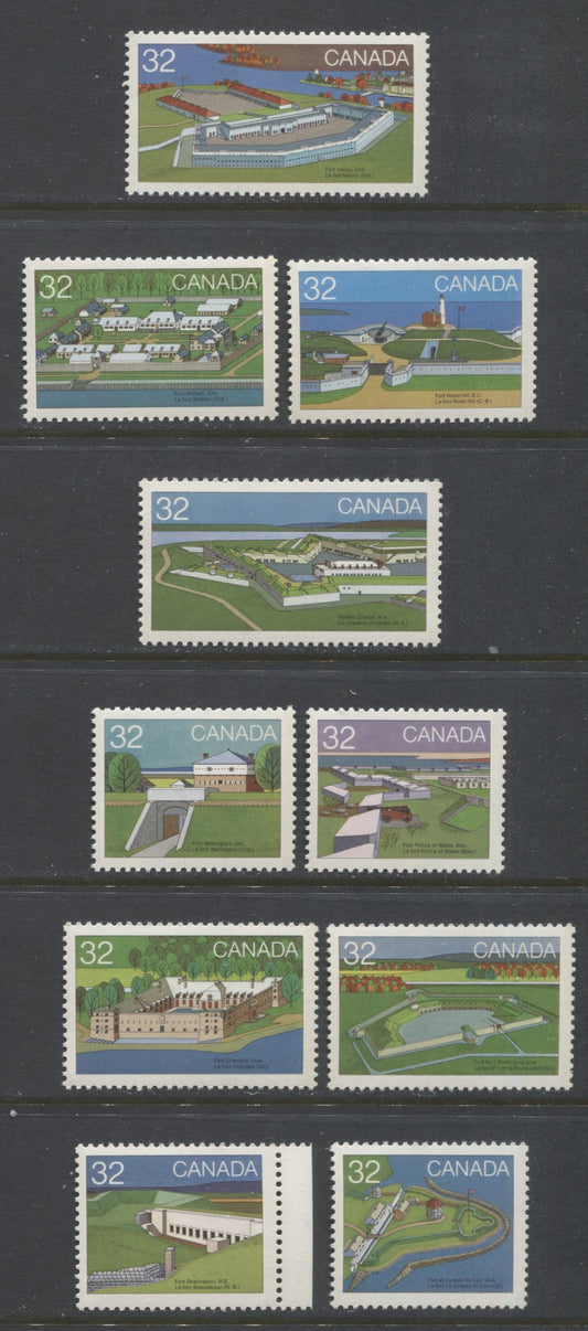 Canada #983-992 32c Multicoloured Fort Henry - Fort Boursejour, 1983 Canadian Forts Issue, 10 VFNH Singles, DF/DF2-fl Paper