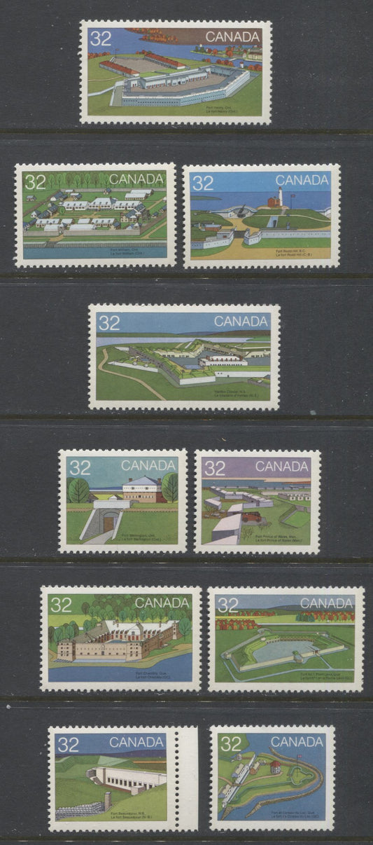 Lot 374 Canada #983-992 32c Multicoloured Fort Henry - Fort Boursejour, 1983 Canadian Forts Issue, 10 VFNH Singles, DF/DF2-fl Paper