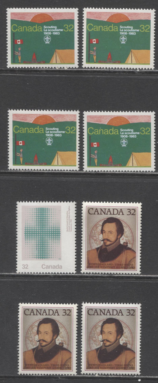 Lot 376 Canada #993, iii, 994-995 32c Multicoloured 1983 Canadian Scouting, Council of Churches, Newfoundland Issues, 8 VFNH Singles, On NF/NF, NF/DF, DF/LF, MF/DF And DF/DF Papers, Two Shades of Grey On Gilbert Stamp