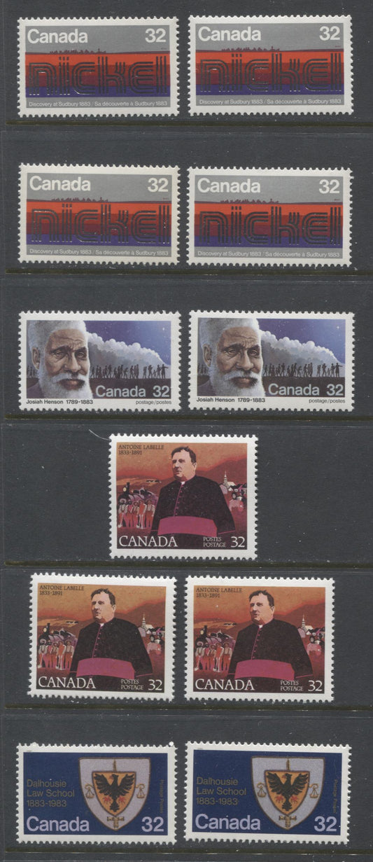 Lot 379 Canada #996-998, 1003 32c Multicoloured Josiah Henson, Antoine Labelle & Coat Of Arms, 1983 Discovery of Nickel - Dalhousie Law School Issue, 10 VFNH Singles, Various Harrison & Clark Papers, Different Shades