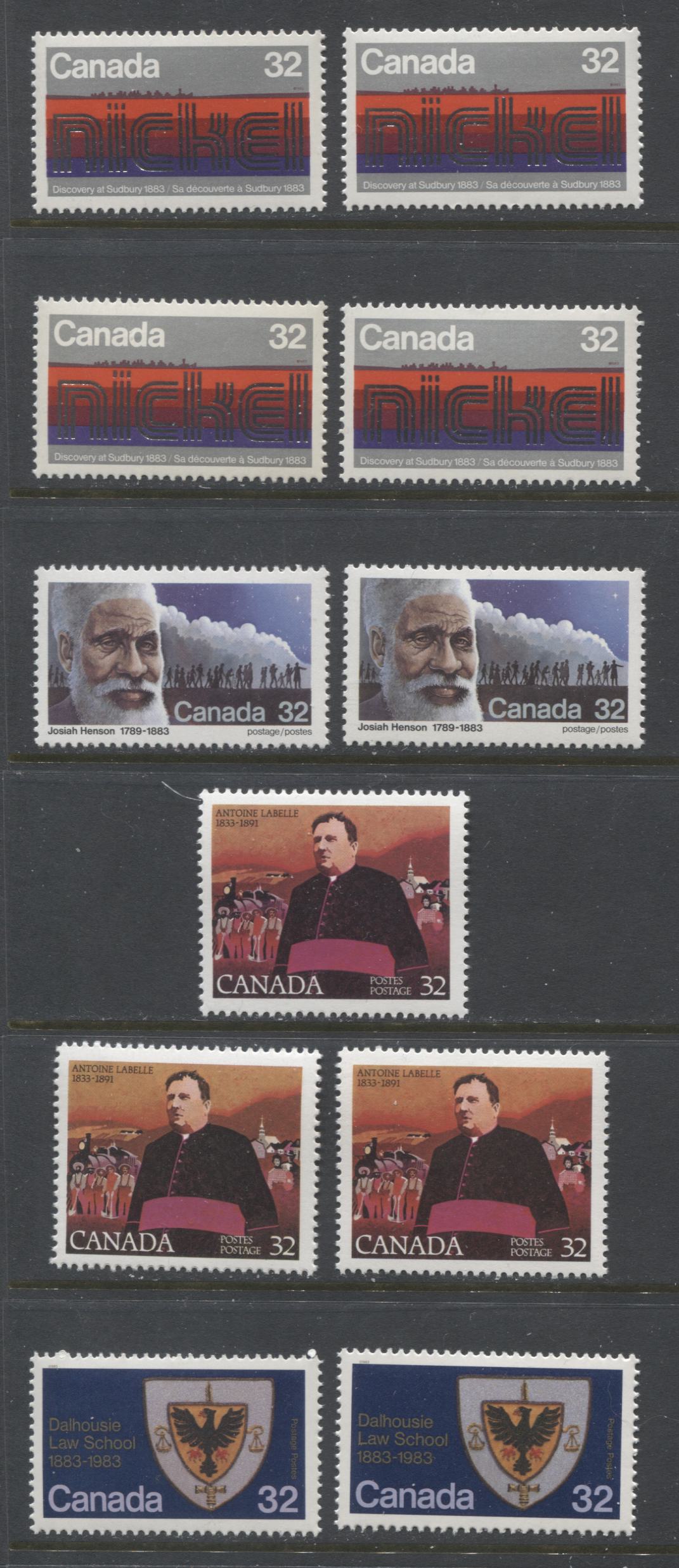 Canada #996-998, 1003 32c Multicoloured Josiah Henson, Antoine Labelle & Coat Of Arms, 1983 Discovery of Nickel - Dalhousie Law School Issue, 10 VFNH Singles, Various Harrison & Clark Papers, Different Shades