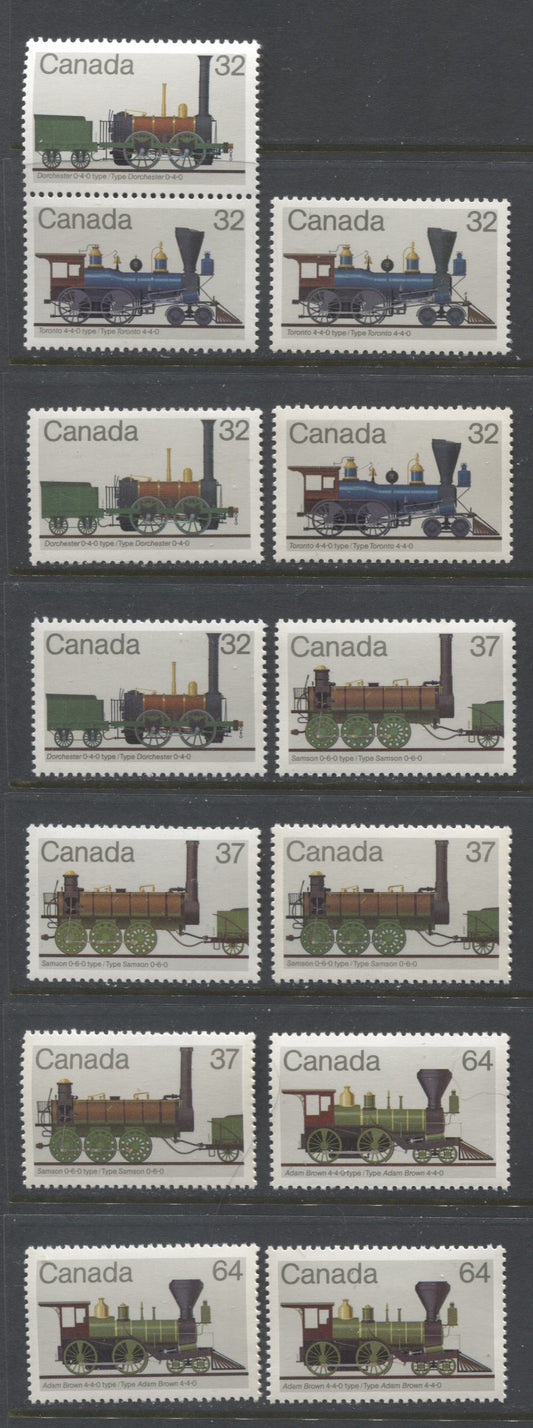 Lot 383 Canada #999-1002 32c-64c Multicoloured Locomotives, 1983 Locomotives Issue, 11 VFNH Singles, DF Bluish and DF Greyish Papers, Lighter & Darker Green Shades