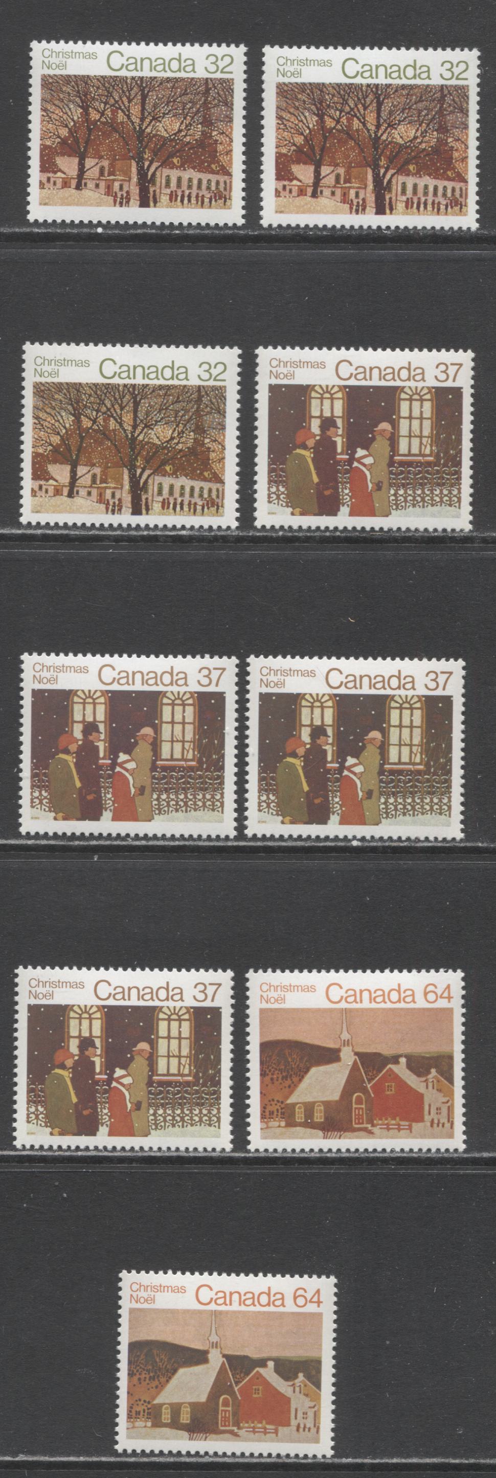 Canada #1004-1006 32c-64c Multicoloured Urban & Rural Churches & Family, 1983 Christmas Issue, 9 VFNH Singles, NF/NF and NF/DF Clark Papers