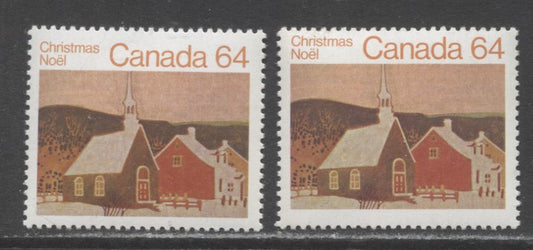 Lot 390 Canada #1006var 64c Multicoloured Rural Church, 1983 Christmas Issue, 2 VFNH Singles, Unlisted NF/NF and NF/LF3-fl Papers