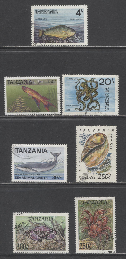 Lot 39 Tanzania SC#329/1300 1986-1994 Marine Life, Fish, Shells & Crab Issues, 7 Very Fine Used Singles, Click on Listing to See ALL Pictures, 2017 Scott Cat. $17.1