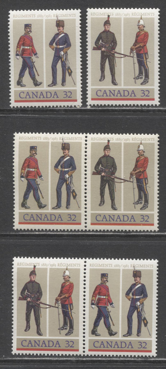 Lot 391 Canada #1008a, ai 32c Multicoloured Regimental Uniforms, 1983 Canadian Regiments Issue, 4 VFNH Horizontal Se-Tenant Pairs, LF/F5-fl, LF/DF1 and LF/DF2 Papers