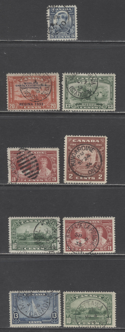 Lot 396 Canada #192/216 2c, 3c, 5c, 10c, 13c, 20c Steel Blue - Vermilion Various Subjects, 1932-1935  Commemorative Issues, 9 Fine & VF Used Singles, With SON Dated CDS Town Cancels & In-Period, Plus Full and Crisp Duplex Grid Strike