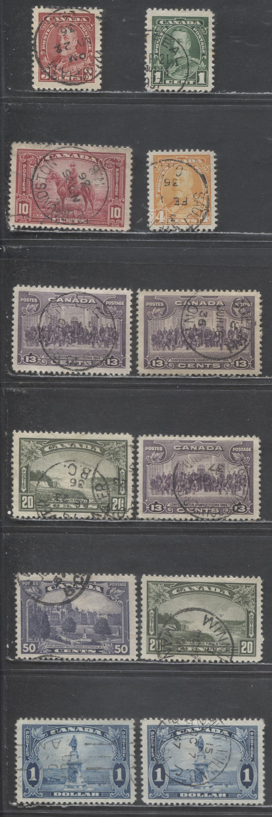 Lot 399 Canada #217/227i 1c, 3c, 4c, 10c-$1 Green - Pale Blue King George V & Various Scenes, 1935-1937 Dated Die Issue, 12 VF Used Singles & 1 Coil Pair, With Full & Partial, In-Period Dated CDS Town Cancellation, Including Both Shades of the $1