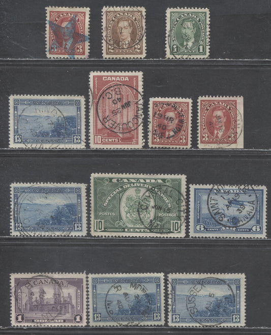 Lot 401 Canada #231-233, 241, 242, 245i, E7 1c-3c, 10c, 13c, $1 Green - Dull Violet King George VI & Various Scenes, 1937-1942 Mufti Issue, 12 VF Used Singles, With SON Dated CDS Town Cancels & In-Period, Plus Full and Crisp Star Cancel on 3c