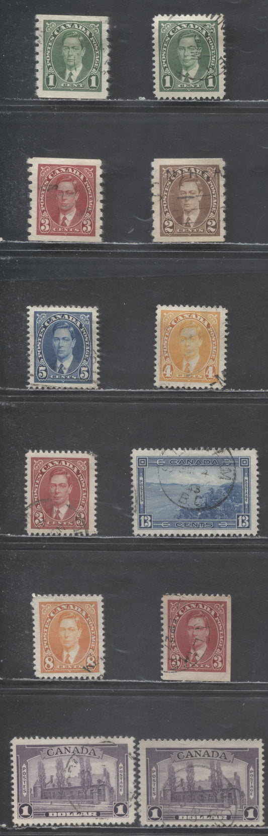 Lot 402 Canada #231, 233-236, 233as, 242, 245-245i 1c, 3c-8c, 13c, $1 Green - Dull Violet King George VI & Various Scenes, 1937-1942 Mufti Issue, 12 Fine & VF Used Singles, Nice Light Cancels