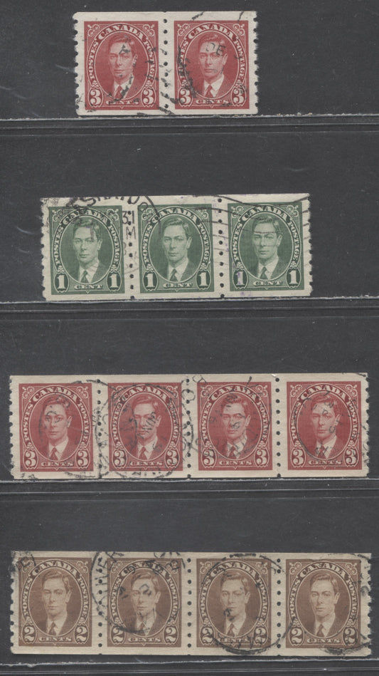 Lot 406 Canada #238-240 1c-3c Green, Brown & Carmine King George VI, 1937-1942 Mufti Issue, 2 VF Used Coil Strips of 4, 1 Pair & 1 Strip of 3, Light CDS Cancels