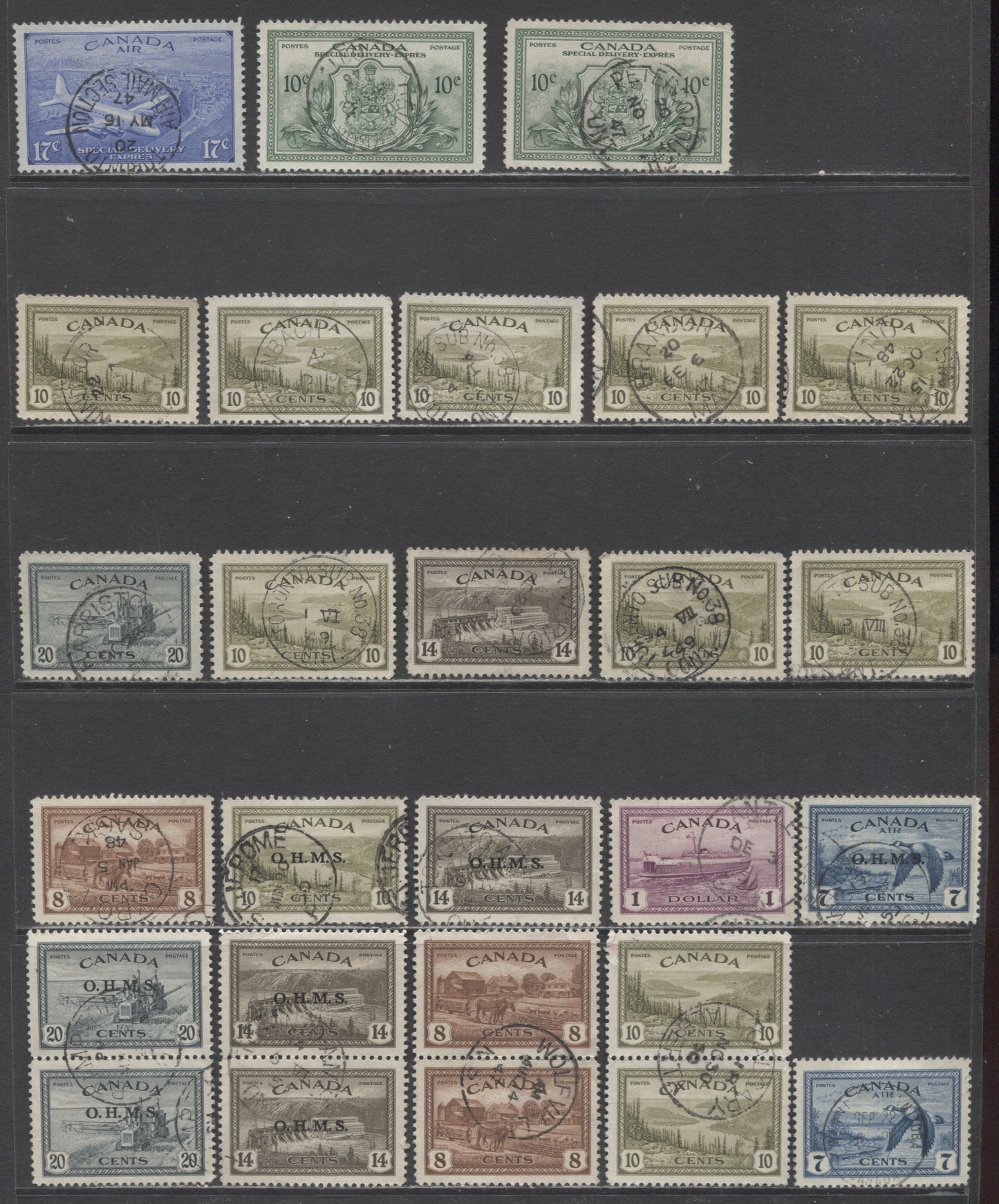 Lot 407 Canada #268-271, 273, C9, CE4, E11, O6-O8 8c-20c, $1, 17c, 7c Red Brown - Rose Lilac Various Scenes, 1946-1952 Peace Issue, 19 VF Used Singles, With SON Dated CDS Town Cancels & In-Period